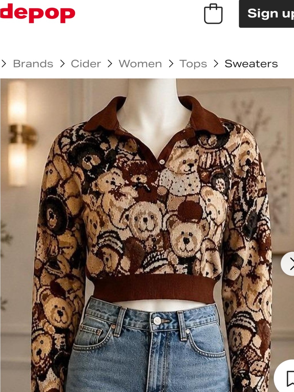 Cider Cropped Teddy Motif Polo Jacket in Brown & Cream